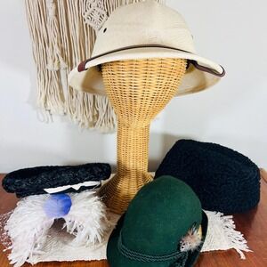 Vintage Dress-Up Hats: Safari, Robinhood, Beaded, Jinnah, Ribbon Set of 5 (3808)